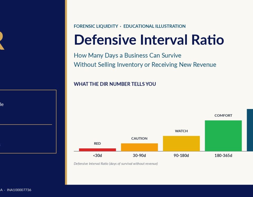 Left Dark Blue Panel Showing the Dir Title and a Box Labeled Formula with Cash Marketable Securities and Net Receivables Plus Daily Operating Cash Outflow Right Side Presents a Cream Background Infographic Titled Defensive Interval Ratio with a Five bar Chart red