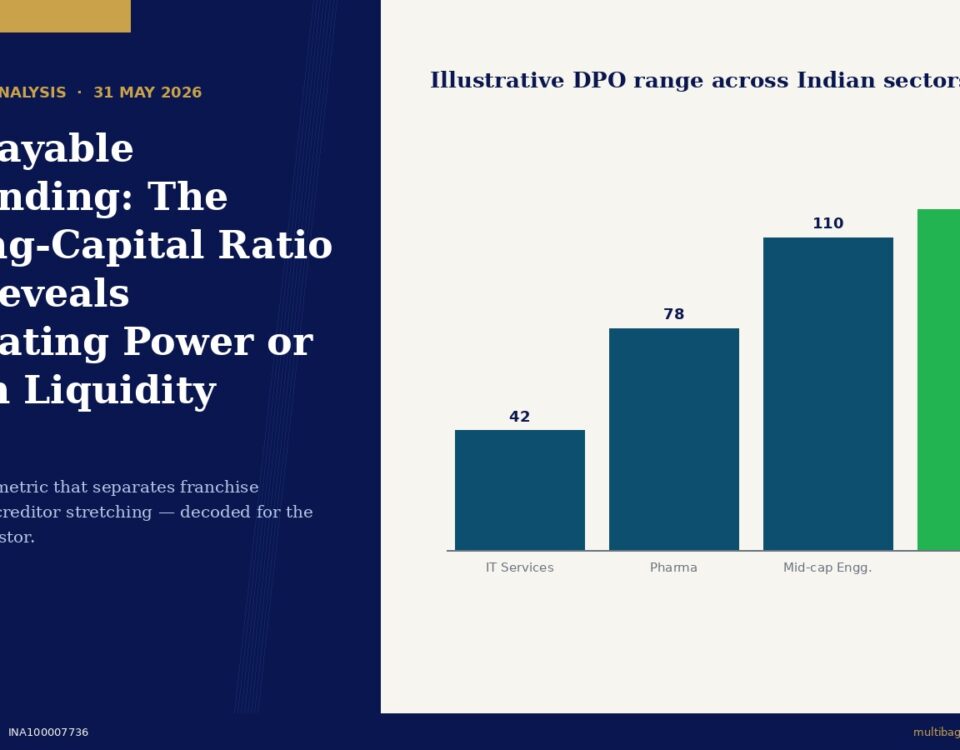 Hero Layout Showing a Left Dark blue Panel with the Headline days Payable Outstanding the Working capital Ratio That Reveals Negotiating Power or Hidden Liquidity Stress and a Right Beige Panel Containing a Bar Chart Titled illustrative Dpo Range Across Indian Sectors days with Four Bars It Services 42 Pharma 78 Mid cap Engg 110 Fmcg 120