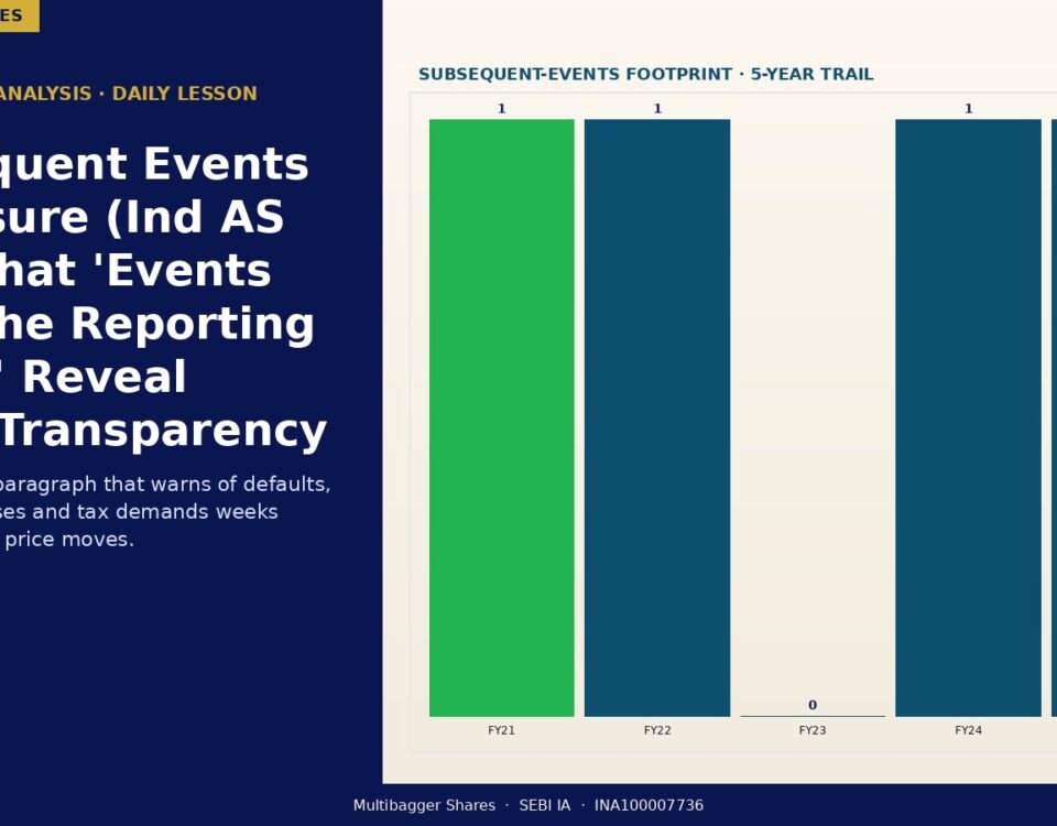 Two column Layout Left Panel with the Title subsequent Events Disclosure ind As 10 What Events After the Reporting Period Reveal About Transparency and a Short Descriptive Paragraph Right Panel Shows a Bar Chart Titled subsequent events Footprint  5 year Trail with Five Vertical Bars for Fy21fy25 the Fy21 Bar is Green the Others Dark Blue Values Above Bars Indicate Counts fy21=1 Fy22=1 Fy23=0 Fy24=1 Fy25=1