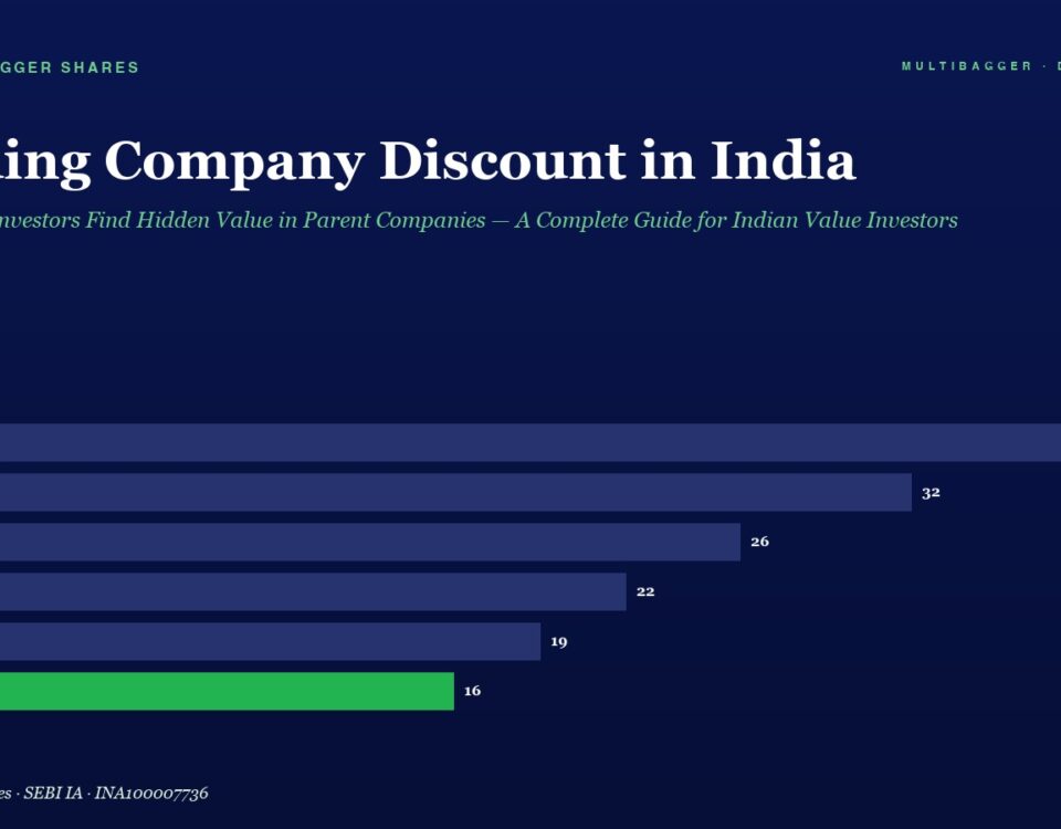 Horizontal Bar Chart Titled holding Company Discount in India Showing Annual Discounts by Fiscal Year Fy20fy25 Values Fy20 38 Fy21 32 Fy22 26 Fy23 22 Fy24 19 Fy25 16 Fy25 Bar is Green