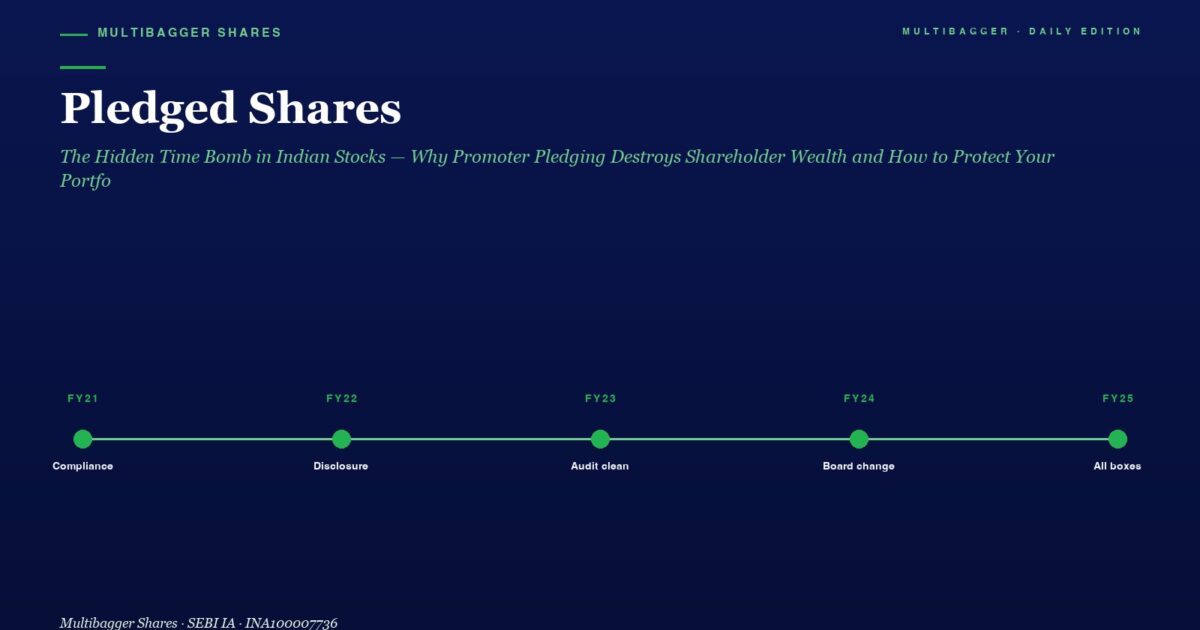 Hero Section Showing a Dark Blue Gradient Timeline for Multibagger Shares Fy21 to Fy25 Milestones with Green Dots Labeled Compliance Disclosure Audit Clean Board Change All Boxes