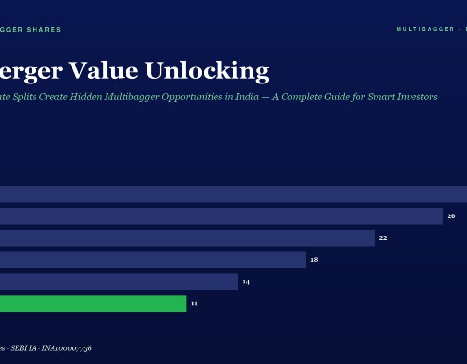 Infographic: Demerger Value Unlocking bar chart from FY20–FY25; blue bars show 28, 26, 22, 18, 14 and green 11 for FY25.