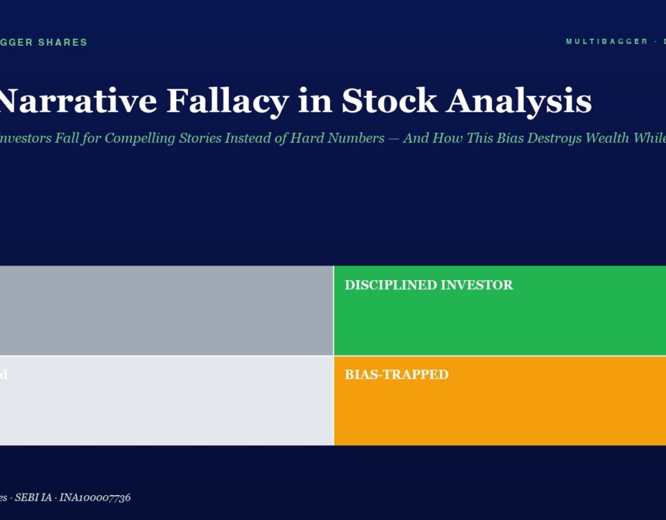 Hero image with headline 'The Narrative Fallacy in Stock Analysis' and a four-panel color diagram labeled Lucky, Disciplined Investor, Confused, and Bias-Trapped.