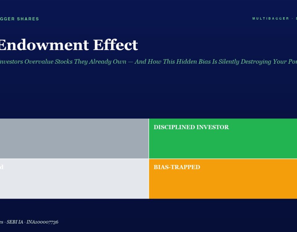 Infographic Titled the Endowment Effect with a 2x2 Color Grid Labeled Lucky Disciplined Investor Confused Bias trapped on a Dark Blue Page