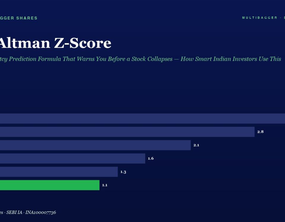 the Altman Z score Infographic a Dark Blue Chart Showing Yearly Scores Fy20fy25 Bars Decline from 32 to 11 with Fy25 in Green