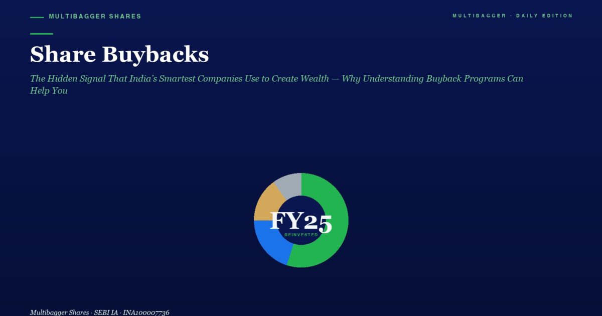 Hero Header with the Title share Buybacks and an Italic Green Subtitle on a Dark Navy Background Above a Centered Multicolor Donut Chart Labeled fy25 Reinvested