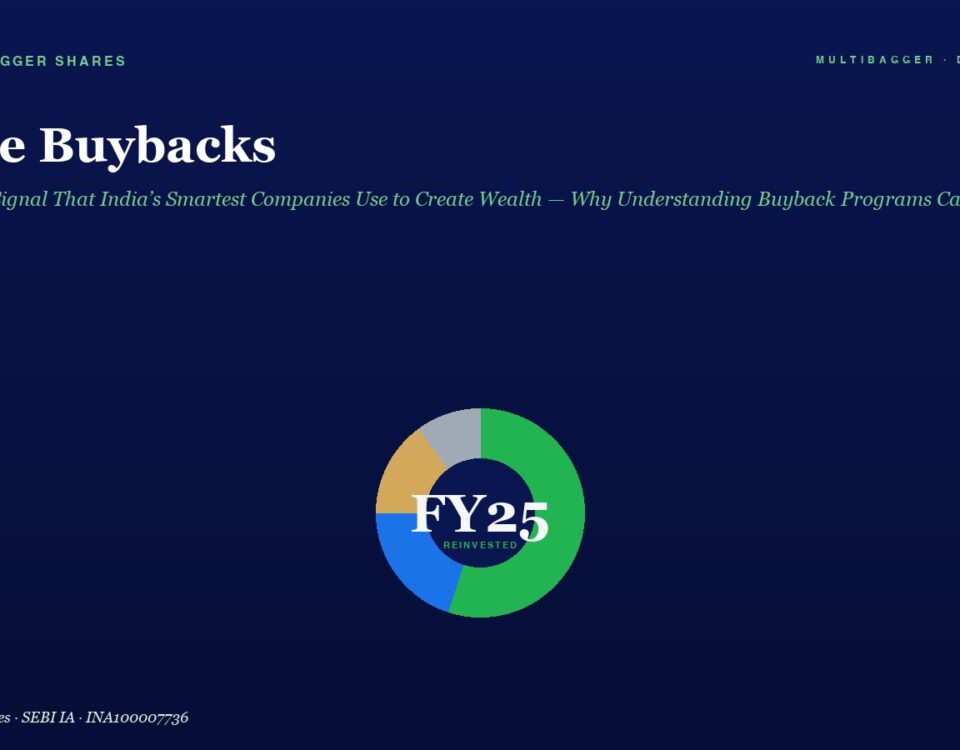 Hero Header with the Title share Buybacks and an Italic Green Subtitle on a Dark Navy Background Above a Centered Multicolor Donut Chart Labeled fy25 Reinvested