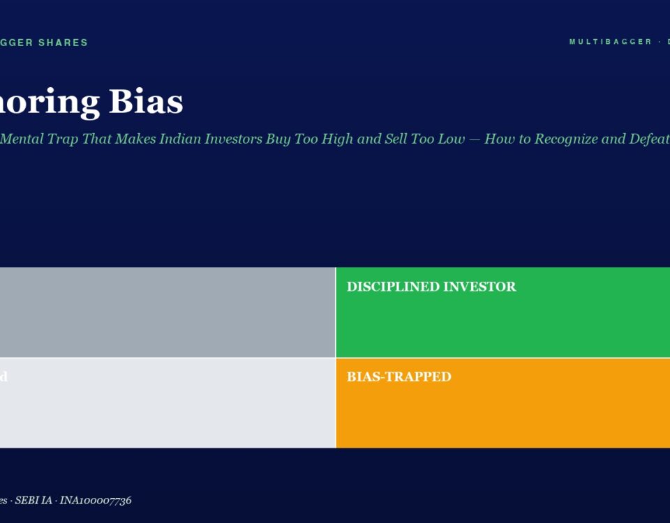 Infographic style Hero with Title Anchoring Bias and Four Colored Panels Lucky gray Disciplined Investor green Confused light Gray Bias trapped orange on a Navy Background