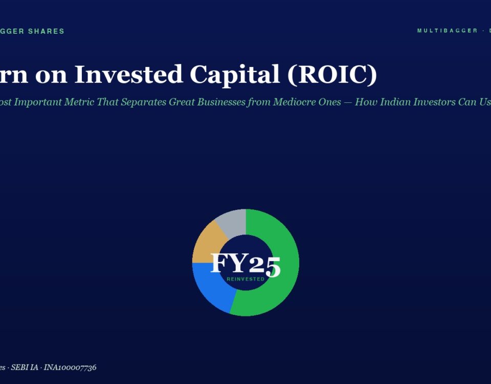 Dark Blue Gradient Hero with the Headline return on Invested Capital roic and a Green Subtitle Centered Multicolor Donut Chart Labeled fy25 Reinvented on a Dark Background