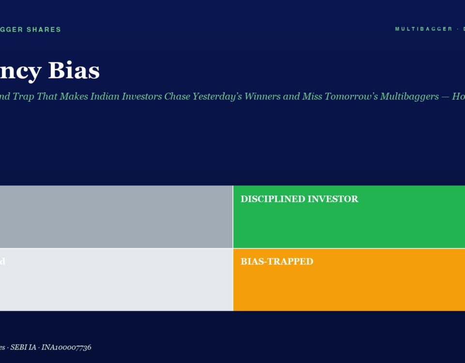 Hero Header for an Article Title recency Bias with Green Subtitle on Dark Blue Background and a 2x2 Color Grid Labeled lucky disciplined Investor confused and bias trapped