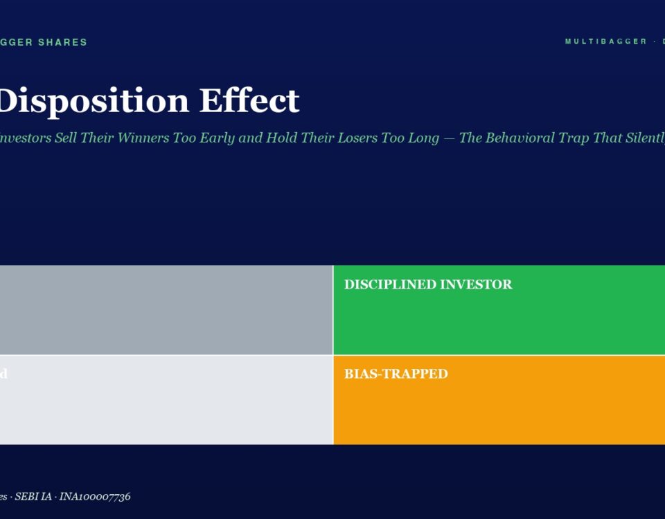 Hero Header with Title the Disposition Effect and Subtitle Followed by a Four quadrant Infographic Top left Gray Block Labeled lucky Top right Green Block Labeled disciplined Investor Bottom left Light Gray Block Labeled confused Bottom right Orange Block Labeled bias trapped