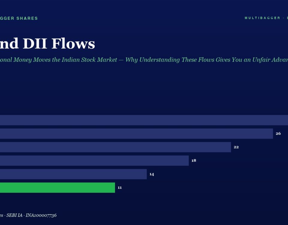Infographic showing FI and DII flows by fiscal year, from FY20 to FY25, with bars values 28, 26, 22, 18, 14, and 11 (FY25 highlighted in green).