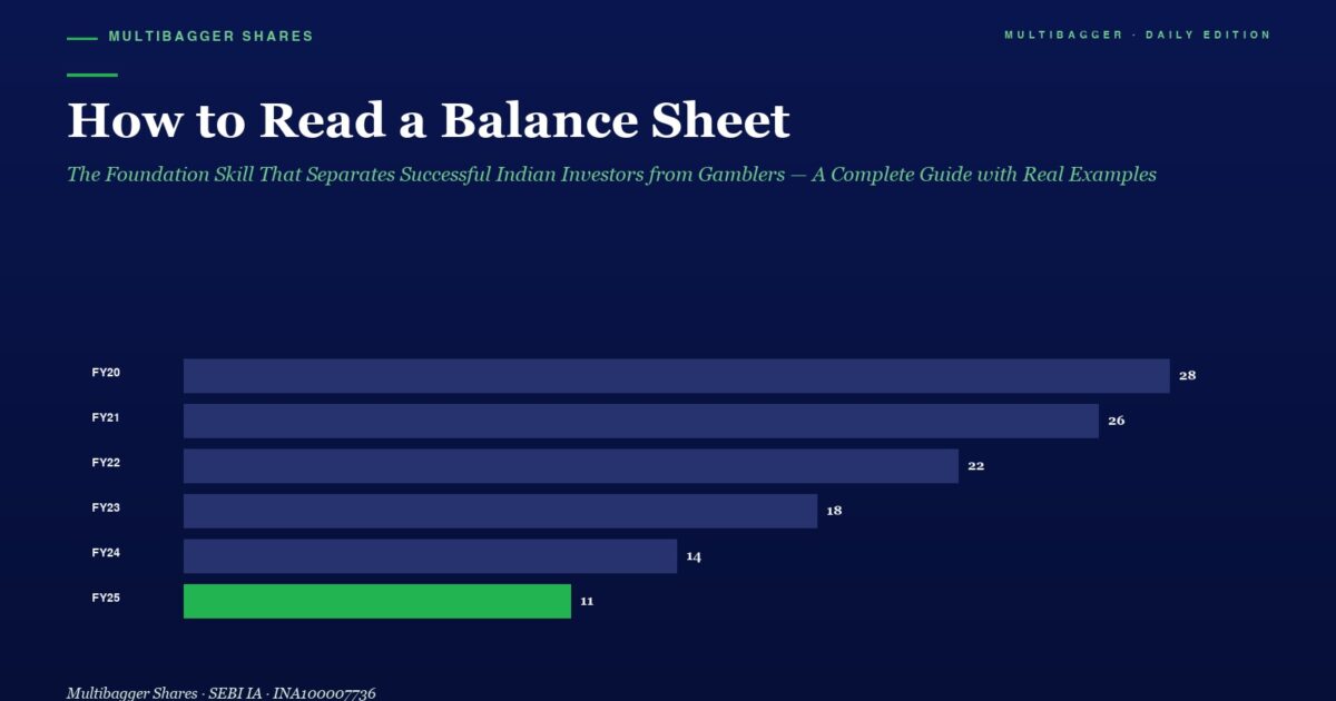 Infographic Title how to Read a Balance Sheet with a Dark Blue Background Showing a Vertical List Fy20fy25 and Horizontal Bars values 28 26 22 18 14 11 Where Fy25 is Green