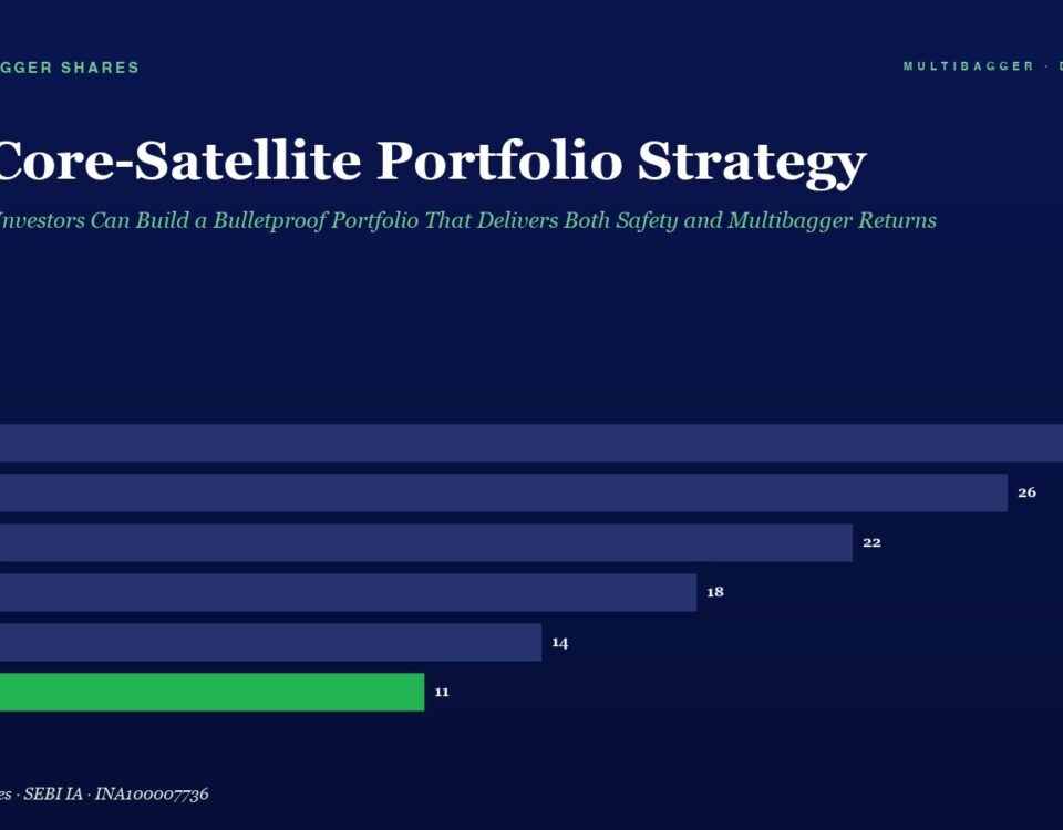 Infographic Header the Core satellite Portfolio Strategy with Subtitle Followed by a Horizontal Bar Chart of Yearly Figures Fy20fy25 Fy20 28 Fy21 26 Fy22 22 Fy23 18 Fy24 14 Fy25 11 green Bar