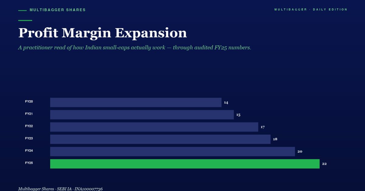 Profit Margin Expansion Horizontal Bars Show Annual Margins from Fy20 14 to Fy25 22 with Fy25 Highlighted in Green