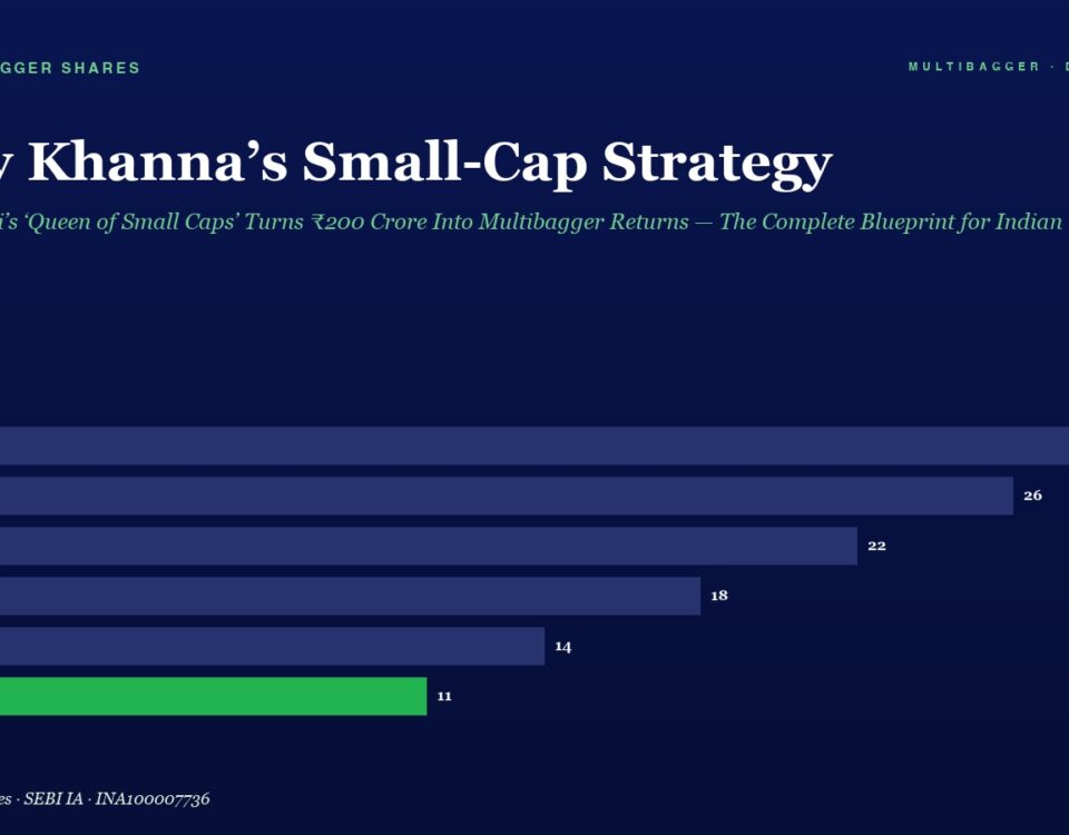 Horizontal Bar Chart on a Navy Background Showing Yearly Values from Fy20 to Fy25 Fy20 28 Fy21 26 Fy22 22 Fy23 18 Fy24 14 Fy25 11 green Title Dolly Khannas Small cap Strategy