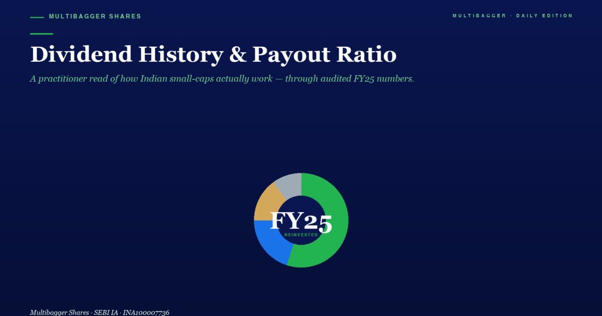 Hero Banner with the Title dividend History  Payout Ratio Subtitle Line and a Central Multi colored Donut Chart Labeled fy25 Reinested reinvested