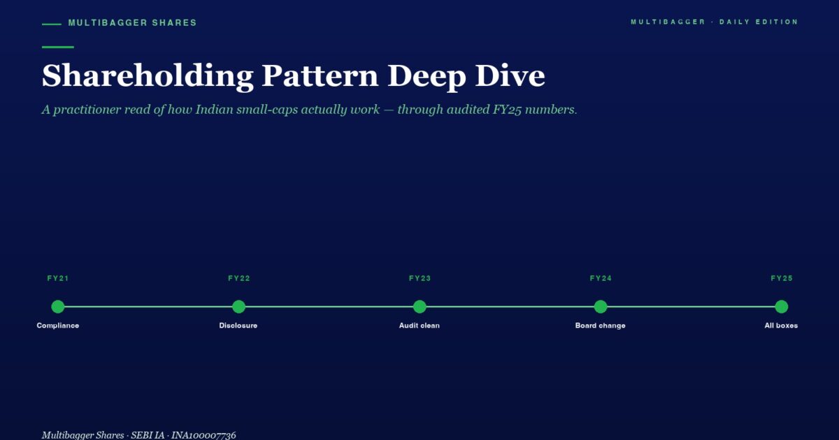 Hero Header Reading shareholding Pattern Deep Dive with Subtitle Navy Gradient Background and a Horizontal Timeline of Fy21fy25 Milestones Compliance Disclosure Audit Clean Board Change All Boxes