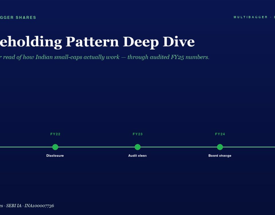 Hero header reading 'Shareholding Pattern Deep Dive' with subtitle; navy gradient background and a horizontal timeline of FY21–FY25 milestones: Compliance, Disclosure, Audit clean, Board change, All boxes.