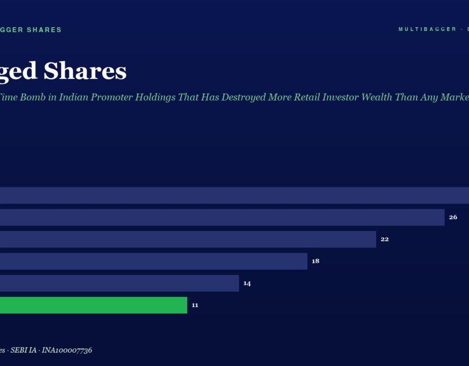 Bar chart showing pledged shares by fiscal year from FY20 to FY25; FY25 is 11 and shown in green, while earlier years are 28, 26, 22, 18, and 14 in blue bars.