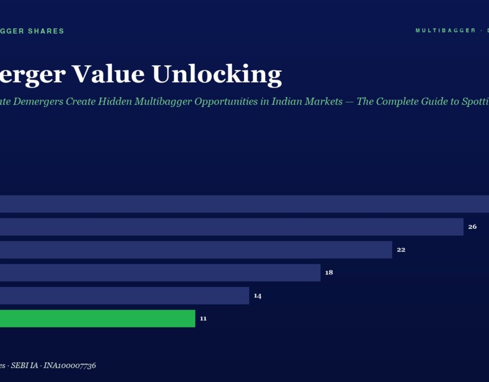 Bar chart: Demerger Value Unlocking, yearly value unlocks FY20–FY25; 28, 26, 22, 18, 14, 11 (FY25 in green).