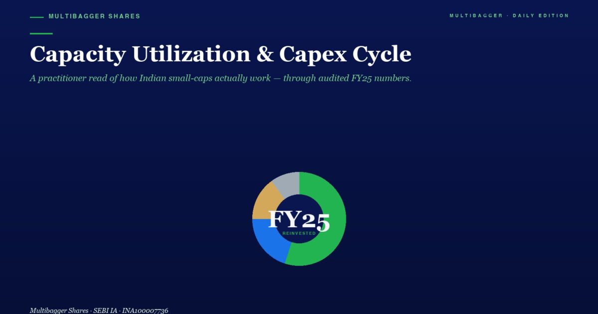 Hero Graphic with the Title capacity Utilization  Capex Cycle and a Multicolor Donut Chart Labeled Fy25 Reinvented on a Dark Blue Gradient Background