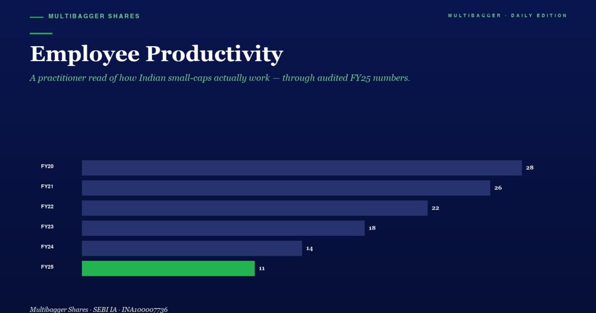 Bar Chart Titled Employee Productivity Showing Fiscal Years Fy20fy25 with Values Fy20 28 Fy21 26 Fy22 22 Fy23 18 Fy24 14 Fy25 11 Fy25 Bar is Green