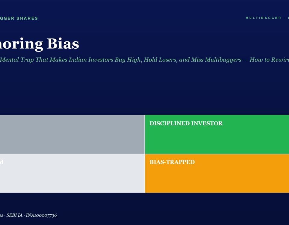 Infographic of four quadrants: Lucky (gray), Disciplined Investor (green), Confused (light gray), and Bias-Trapped (orange) representing anchoring bias.