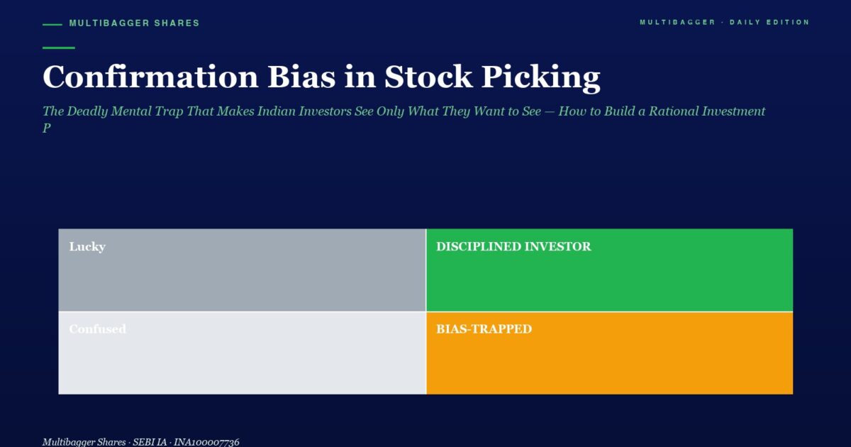 Hero Banner with Title confirmation Bias in Stock Picking and Four Colored Panels Labeled Lucky Disciplined Investor Confused Bias trapped