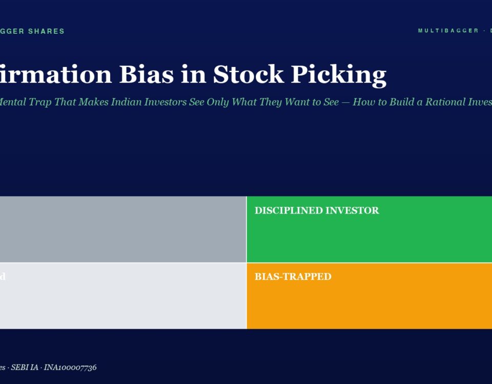 Hero banner with title 'Confirmation Bias in Stock Picking' and four colored panels labeled Lucky, DISCIPLINED INVESTOR, Confused, BIAS-TRAPPED.