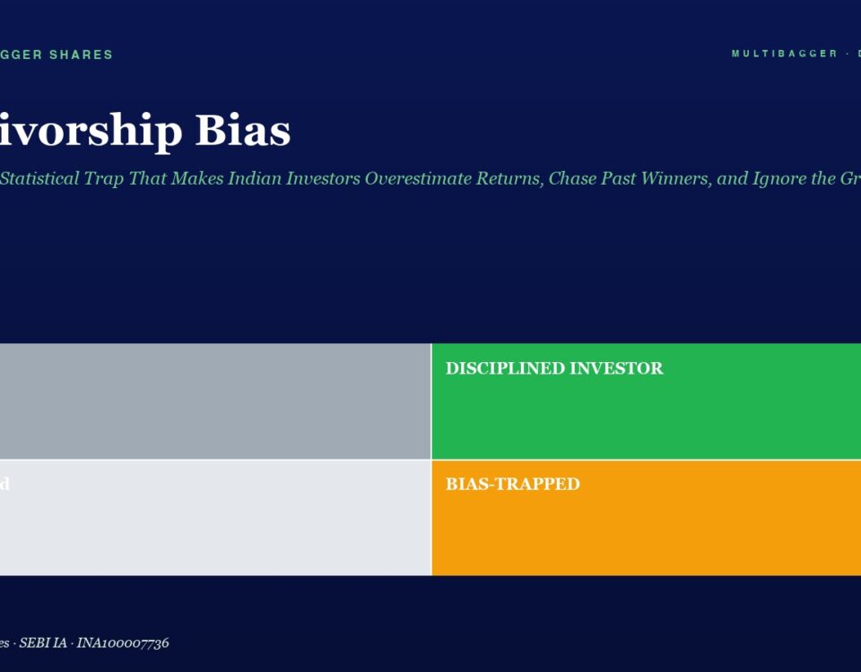 Hero Header with Dark Blue Background Reading survivorship Bias and Subtitle Below is a Four block Infographic Left Column Has lucky top Gray and confused bottom Light Gray Right Column Has disciplined Investor top Green and bias trapped bottom Orange