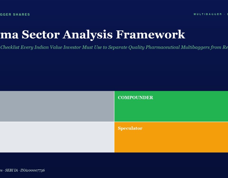 Hero Banner Titled pharma Sector Analysis Framework with Four Colored Blocks Trader gray Compounder green Drift light Gray Speculator orange
