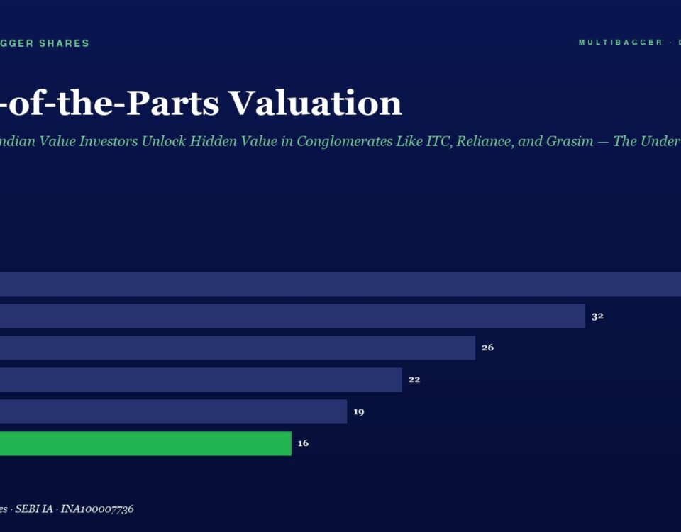 Infographic Sum of the parts Valuation with Horizontal Bars for Fy20fy25 Bars Show Values 38 32 26 22 19 and 16 Fy25 Bar is Green on a Dark Blue Background
