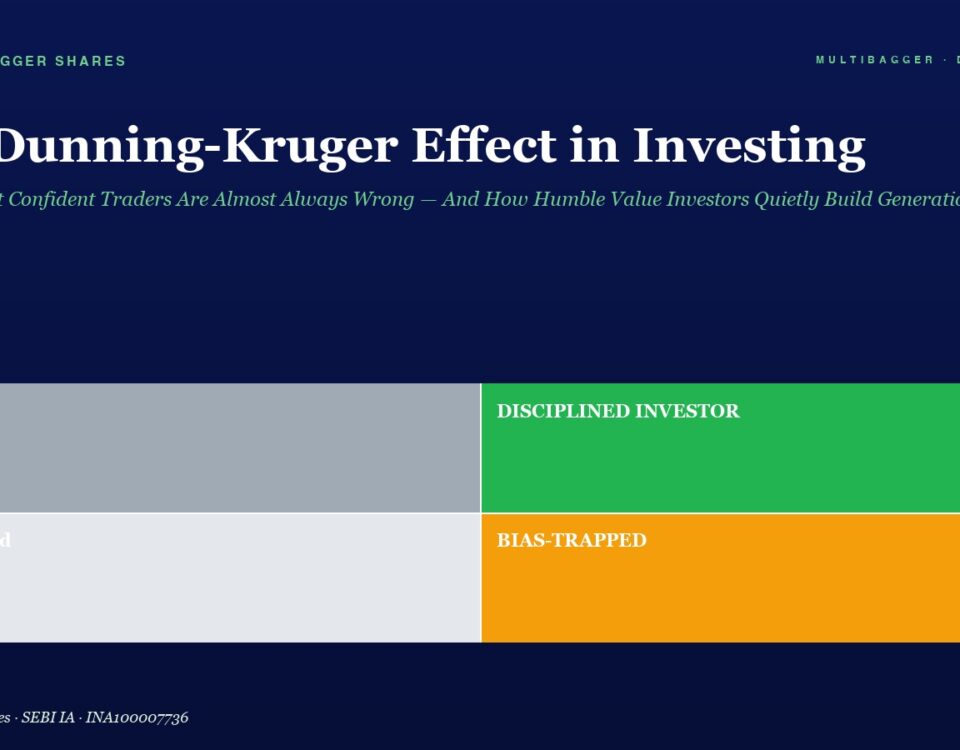 Hero Image Article Title the Dunning kruger Effect in Investing with Subtitle and a Four panel Infographic Showing Lucky Disciplined Investor Confused and Bias trapped