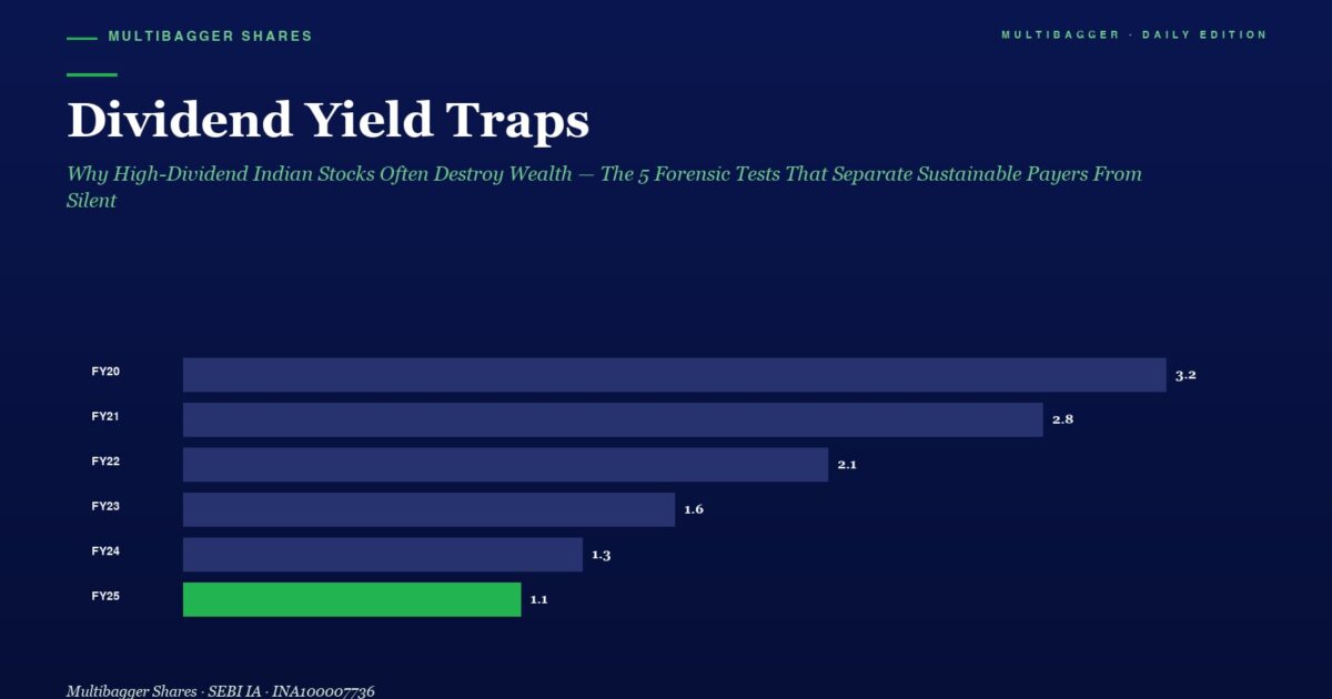 Hero Image for an Article Titled dividend Yield Traps with a Subtitle About High dividend Indian Stocks Featuring a Dark Blue Horizontal Bar Chart of Fy20fy25 Bars Show Fy20 32 Fy21 28 Fy22 21 Fy23 16 Fy24 13 and Fy25 11 green Top left Label multibagger Shares Top right multibagger  Daily Edition