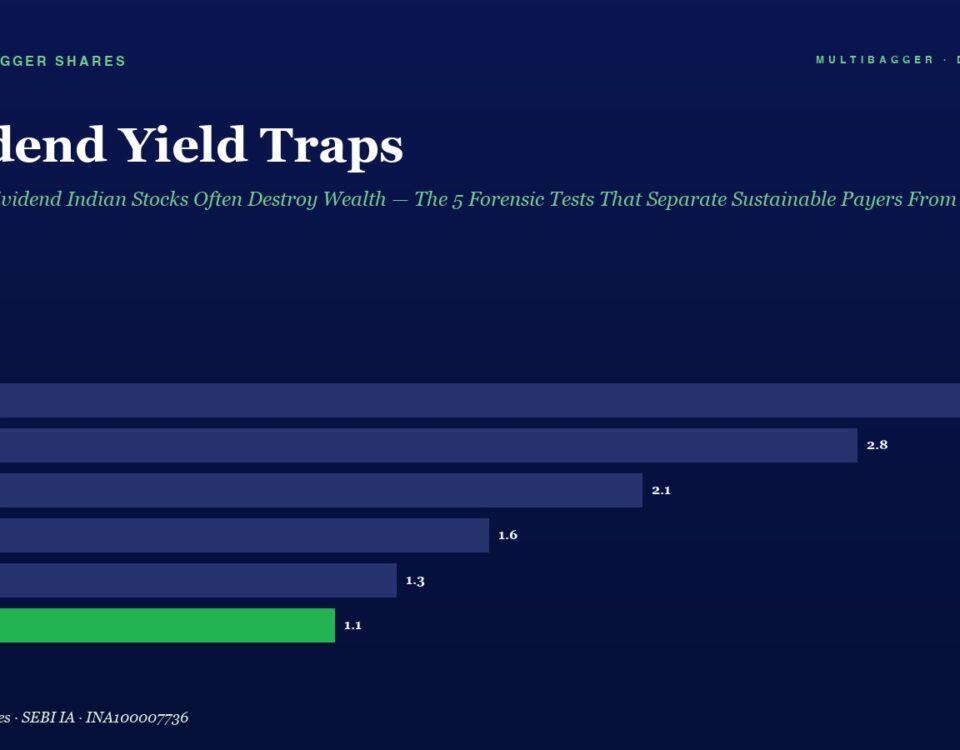 Hero Image for an Article Titled dividend Yield Traps with a Subtitle About High dividend Indian Stocks Featuring a Dark Blue Horizontal Bar Chart of Fy20fy25 Bars Show Fy20 32 Fy21 28 Fy22 21 Fy23 16 Fy24 13 and Fy25 11 green Top left Label multibagger Shares Top right multibagger  Daily Edition