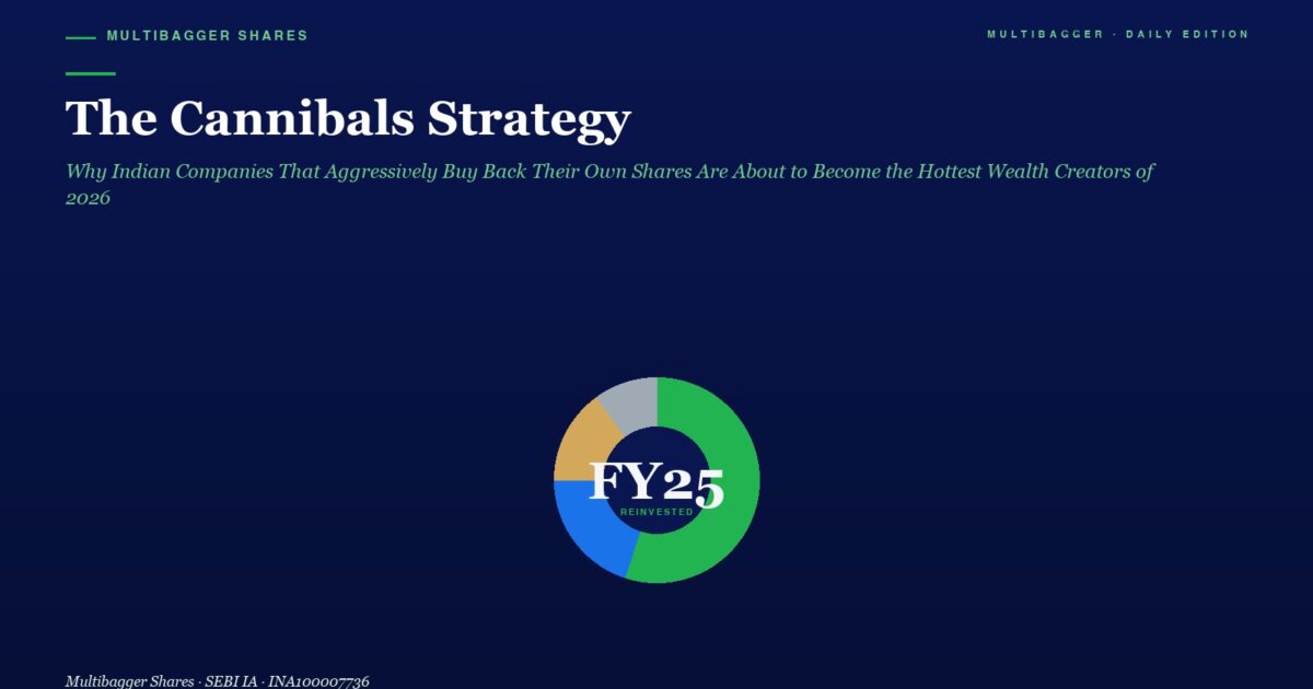 Headline the Cannibals Strategy with a Subtitle About Aggressive Share Buybacks and a Circular Fy25 Chart Below on a Dark Blue Background