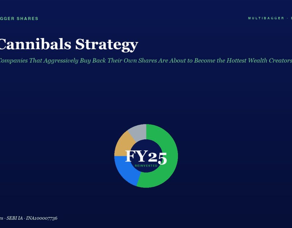 Headline the Cannibals Strategy with a Subtitle About Aggressive Share Buybacks and a Circular Fy25 Chart Below on a Dark Blue Background