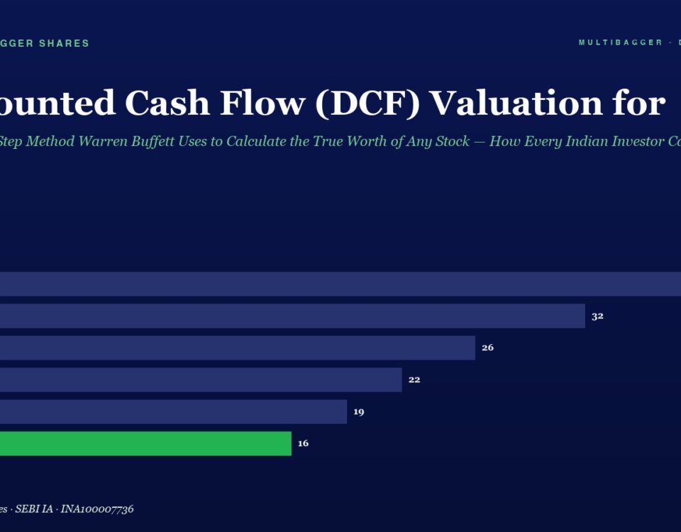 Bar chart of annual DCF valuation from FY20 to FY25, with FY25 shown in green; values are 38, 32, 26, 22, 19, 16.