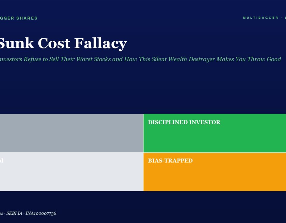 Dark Blue Article Header with Large White Title the Sunk Cost Fallacy and Green Italic Subtitle Below is a Four block Infographic Showing Lucky gray Disciplined Investor green Confused light Gray and Bias trapped orange