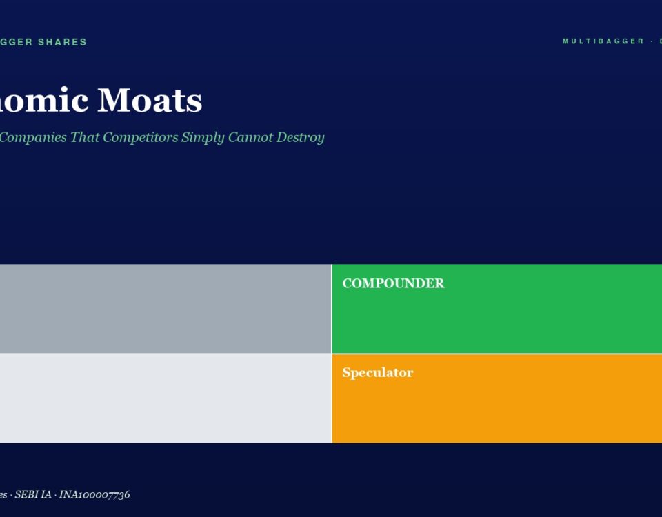 Hero Header with the Title economic Moats and Green Subtitle on a Dark Blue Background a Two by two Color Block Grid Labeled Trader gray Compunder green Drift light Gray Speculator orange Footer Credit Text
