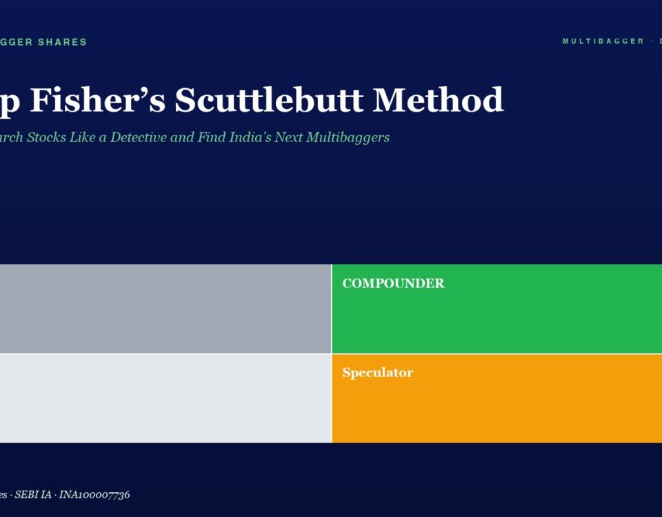 Hero Banner with the Title philip Fishers Scuttlebutt Method on a Navy Background Subtitle in Green and a 2x2 Color Grid Labeled Trader gray Compounder green Drift light Gray Speculator orange