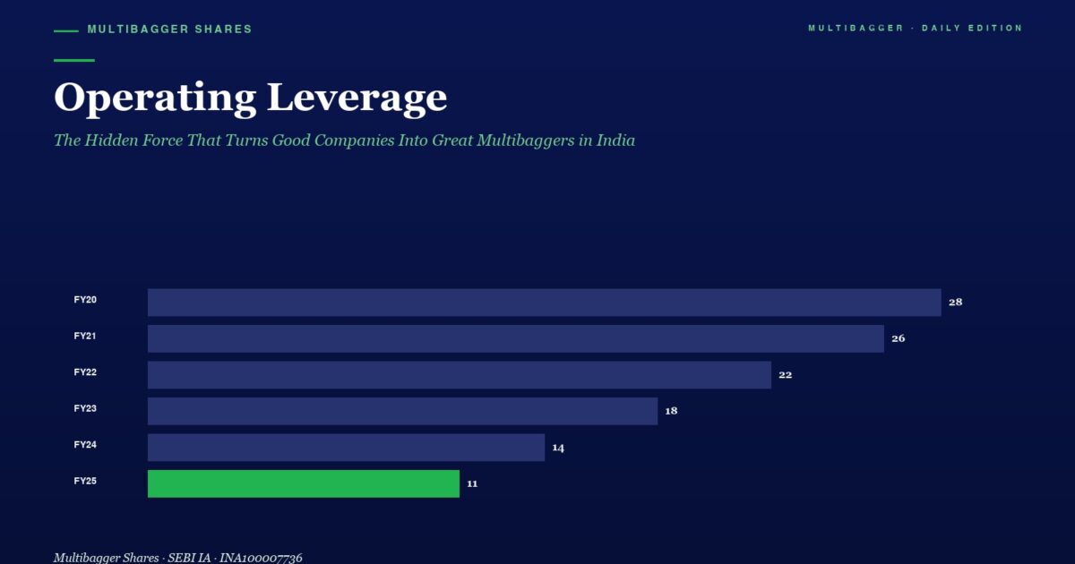 Horizontal Bar Chart Labeled Operating Leverage Showing Fy20fy25 Values Purple Bars with 28 26 22 18 14 and a Green Bar at 11 for Fy25
