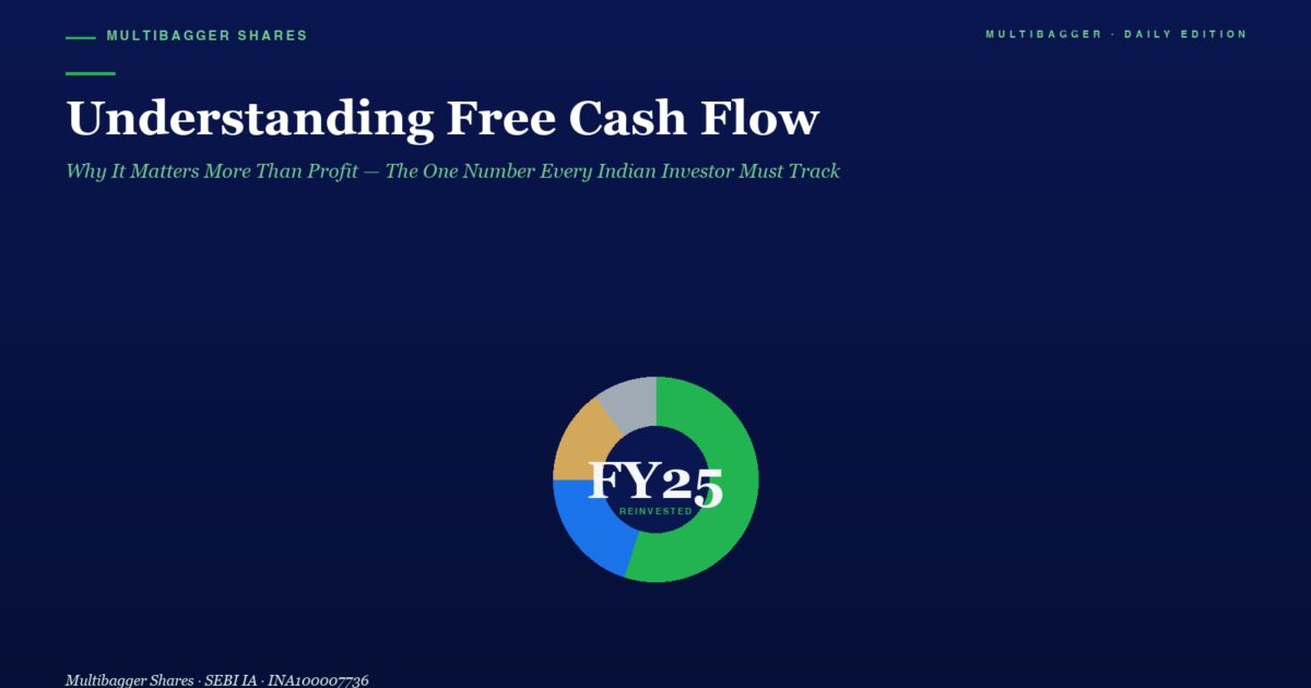 Hero Header with Article Title understanding Free Cash Flow and Subtitle on a Dark Blue Background Featuring a Centered Donut Chart Labeled Fy25 Reinvested