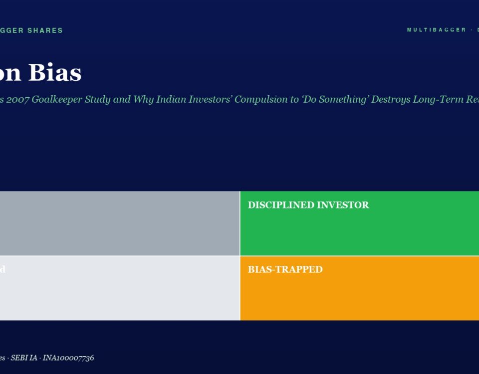 Title action Bias with a Subtitle Four color Grid Showing Outcomes Lucky and Confused on Gray Left Disciplined Investor and Bias trapped on Greenorange Right