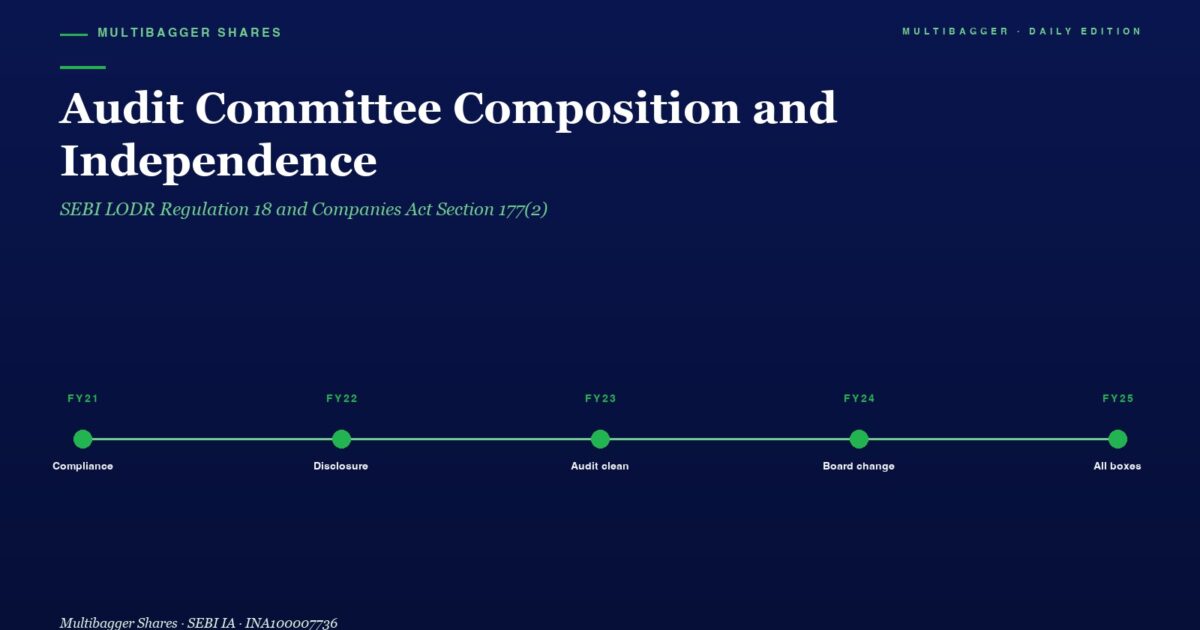 Hero Banner Dark Blue Page with the Title audit Committee Composition and Independence and a Fy21fy25 Milestone Timeline Showing Green Dots at Compliance Disclosure Audit Clean Board Change and All Boxes