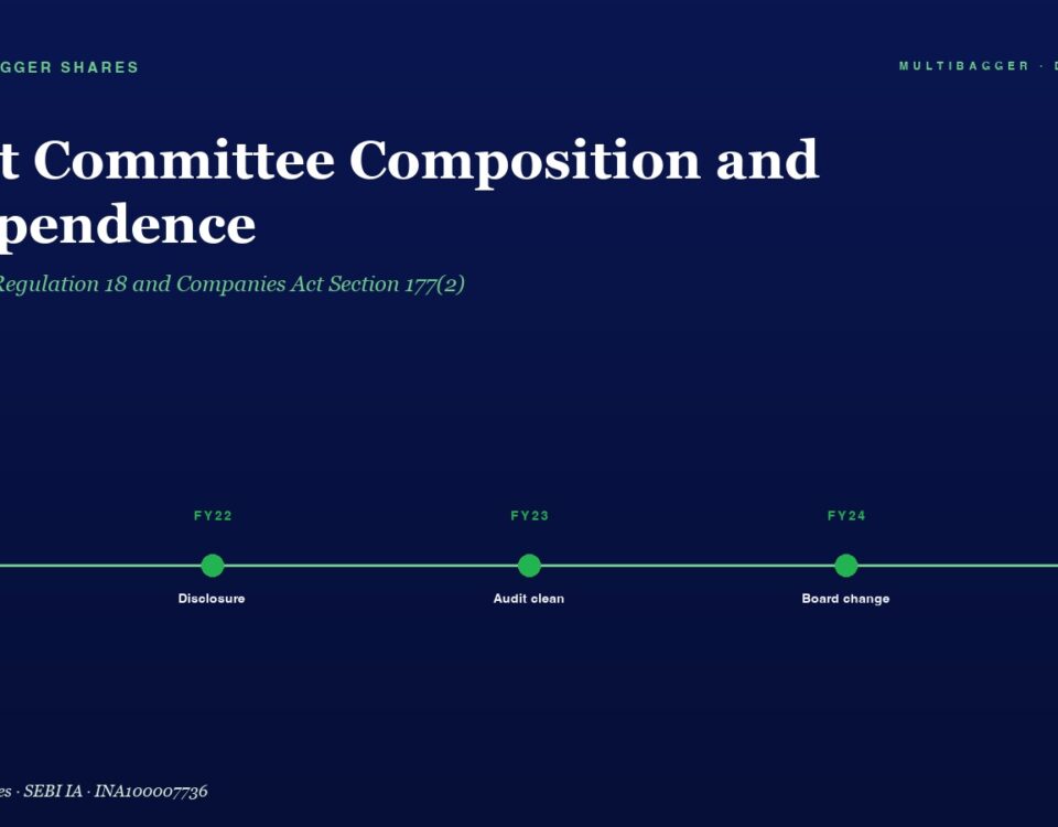 Hero Banner Dark Blue Page with the Title audit Committee Composition and Independence and a Fy21fy25 Milestone Timeline Showing Green Dots at Compliance Disclosure Audit Clean Board Change and All Boxes