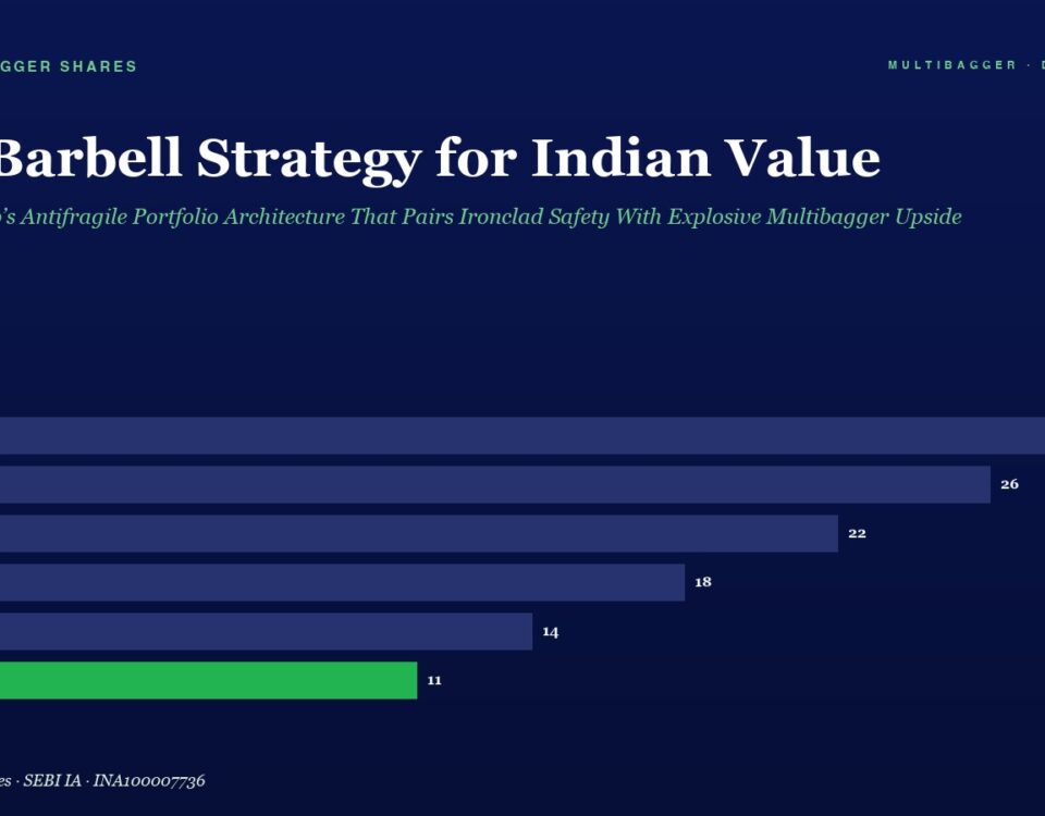 Hero Image with the Title the Barbell Strategy for Indian Value and a Horizontal Bar Chart of Yearly Values Fy20fy25 the Fy25 Bar is Green with Value 11