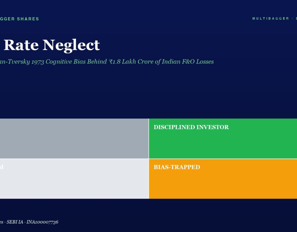 Hero Header for base Rate Neglect Article with a 2x2 Color Grid Labels Lucky Disciplined Investor Confused and Bias trapped Conveying Investor Mindsets