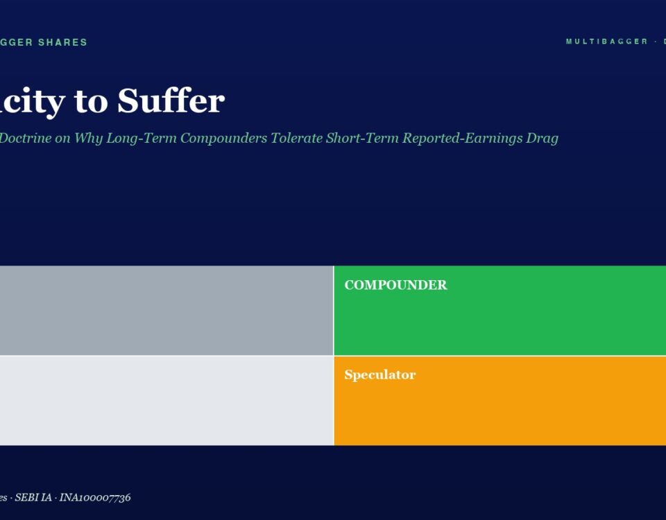 Website hero with title 'Capacity to Suffer' and subtitle, plus a two-by-two grid: Trader (gray), Drift (light gray), Compounder (green), Speculator (orange).